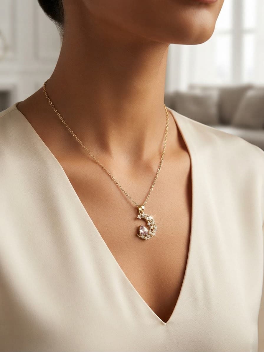 Chaîne Lune Cœur Rose